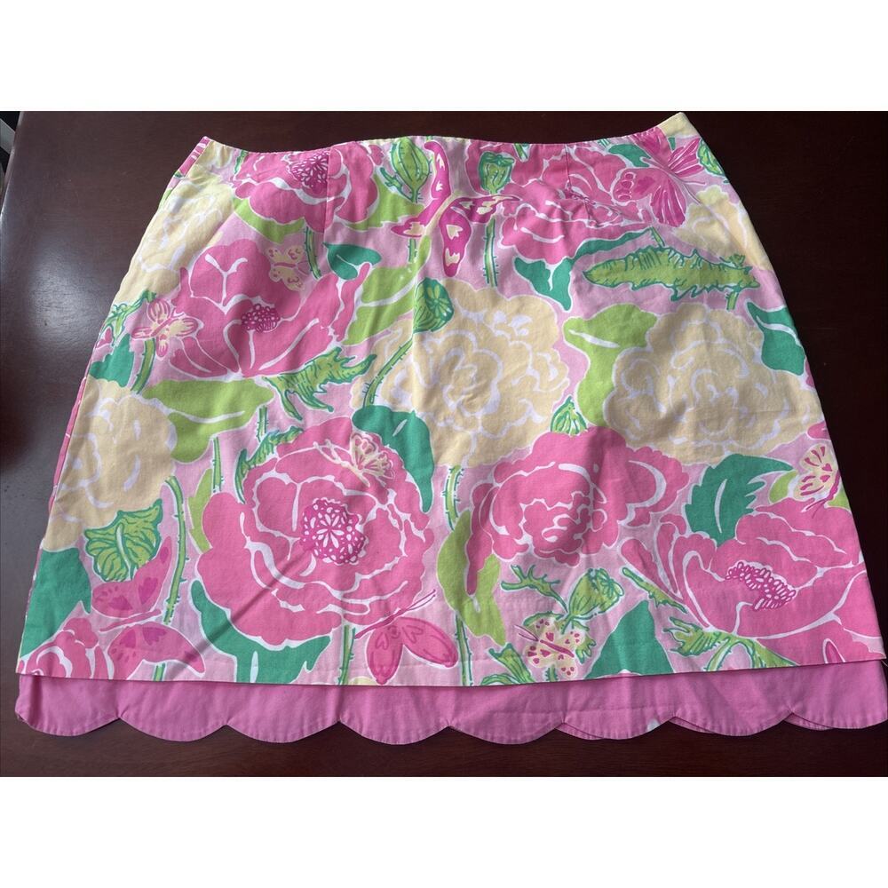 Vintage Lilly Pulitzer Pink Green Floral Hibiscus Skirt White Lace Size 8
